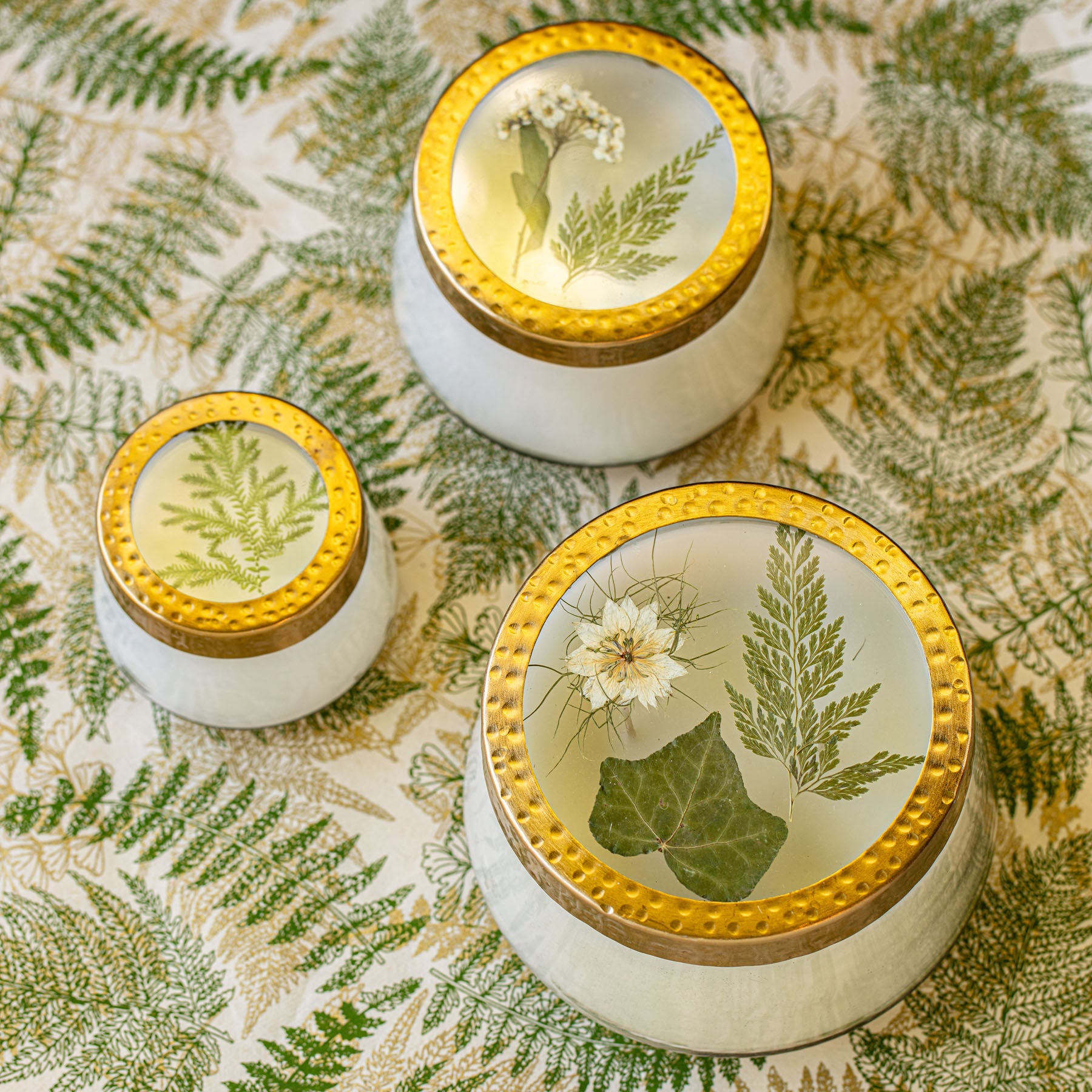 Three small jars adorned with delicate ferns, showcasing a natural and decorative arrangement.