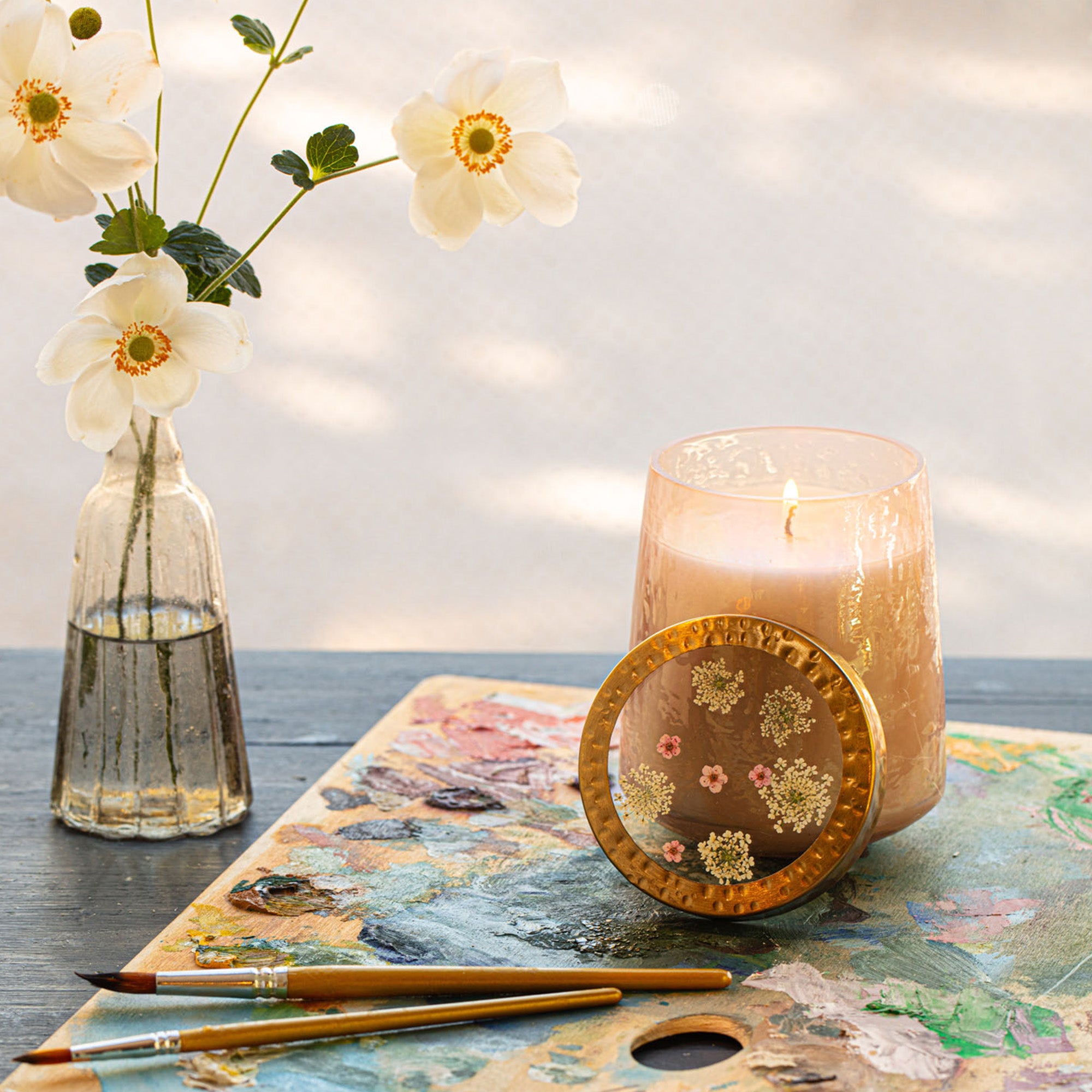 Rose + Oud Tall Watercolor Pressed Floral Candle - Thumbnail 4