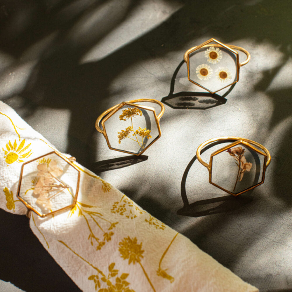 Earth Tones Hexagon Pressed Floral Napkin Ring Set